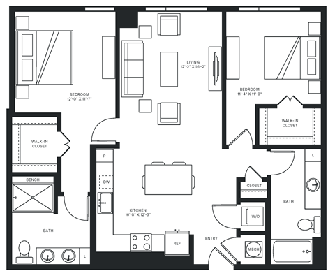 Floor plan for 2 beds, 2 baths, 1155 sqft
